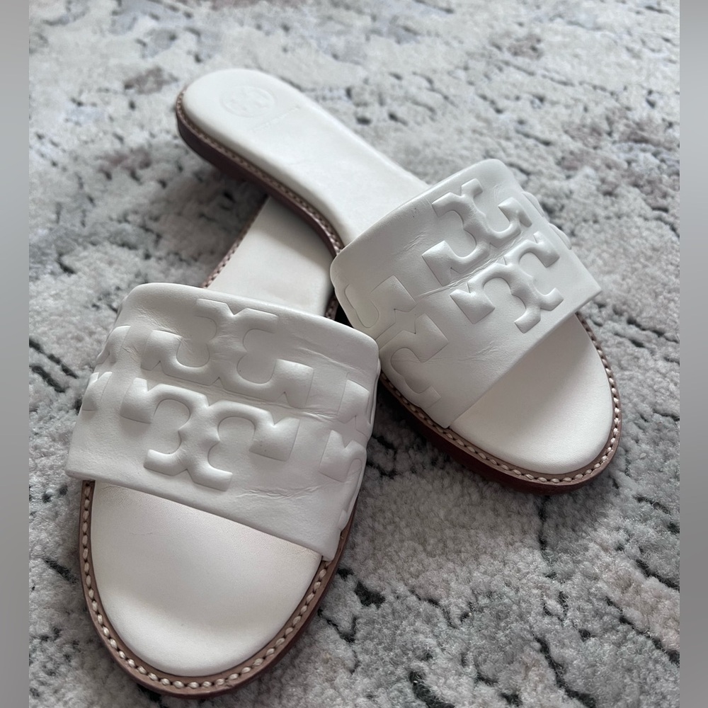 Tory Burch Everly High Frequency White Embossed Leather Slide Sandals
